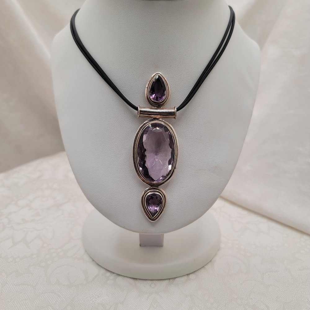 HUGE Sterling Silver Amethyst Quartz Pendant Necklace